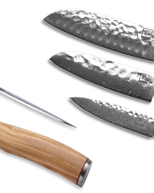 Amphora-Tandoors-DAMASTMESSER--Zayiko-Olive-Chefmesser-Santokumesser-Klingen-Detail-Set